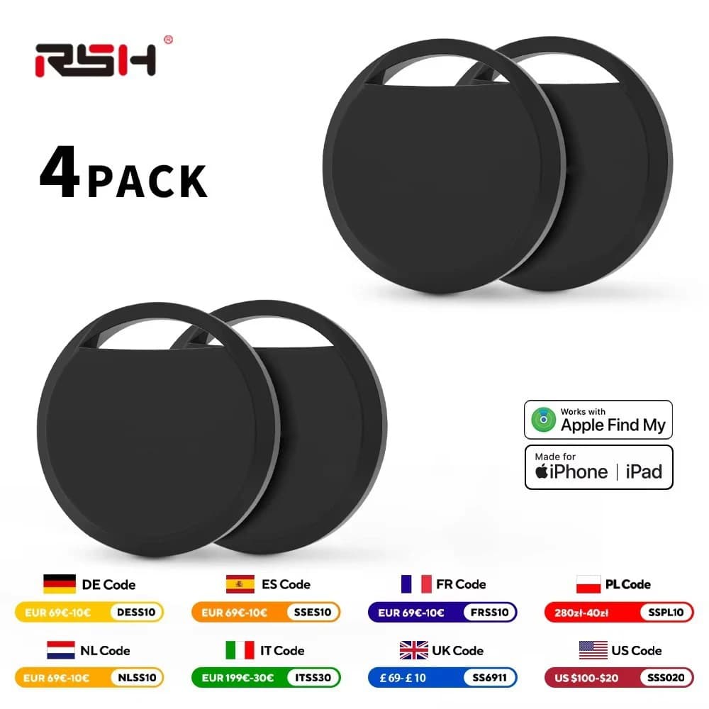 RSH 4-teiliges Anti-Verlust-GPS-Tag für Apple Airtag, Ersatz über Find My App, Bluetooth-GPS-Tracker für Gepäck, iOS, MFi-Schlüsselfinder