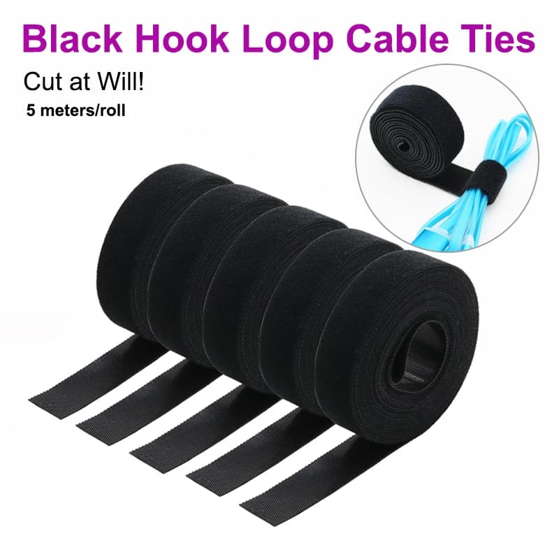 5M/Rolle Schwarz 10/15/20/25mm Kabel Organizer USB Kabel Wickler Management Nylon Free Cut Krawatten Maus Kopfhörer Haken Schleife Band