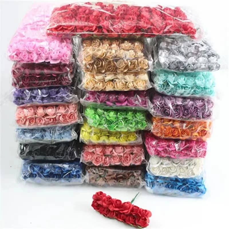 144PCS 1,5 cm Künstliche Mini Papier Rose Bouquet Für Scrapbooking Für Hochzeit Party Dekoration Günstige Künstliche Rose Blumen