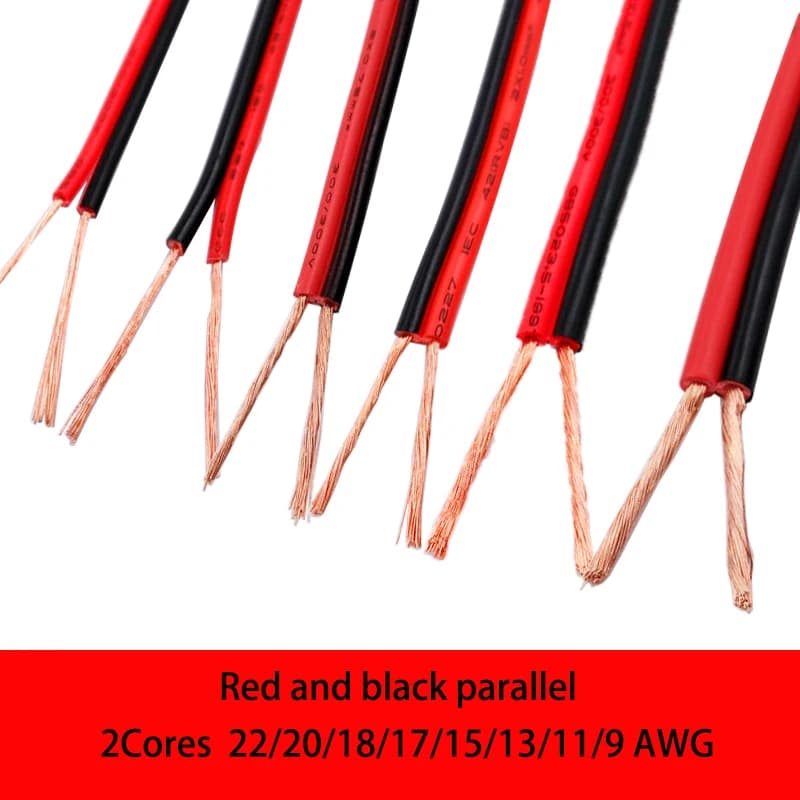 1 Meter RVB-Kabel, 2-adrig, 22/20/18/17/15/13/11/9 AWG, LED-Draht, rotes und schwarzes Paralleldraht, Isolierung, Trompetenverlängerungskupferkabel