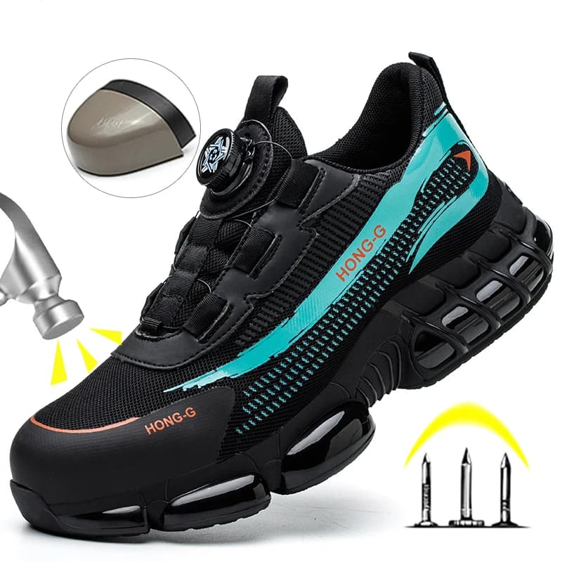 Unzerstörbare Schuhe mit Stahlkappe, Schutzstiefel, drehbarer Knopf, Arbeitssicherheitsschuhe für Herren, Luftpolster-Sicherheitsstiefel,