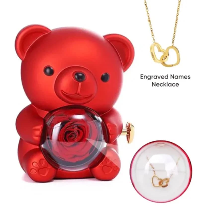 Ewige Rosen-Teddybär-Schmuckschatulle mit individueller Namenskette, Valentinstag, Hochzeit, besonderes Geschenk für Freundin, Jahrestagsgeschenk