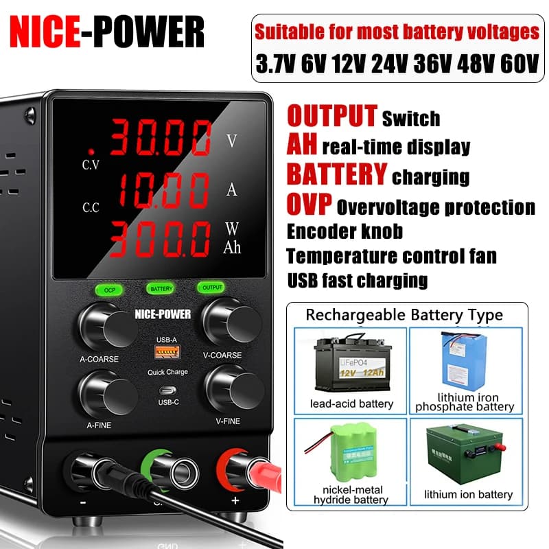 NICE-POWER Li-Ion Akku-Ladegerät DC-Stromversorgung 6V/12V/24V/36V/48V/60V Einstellbare Desktop-Stromversorgung mit Echtzeit-Ah-Anzeige