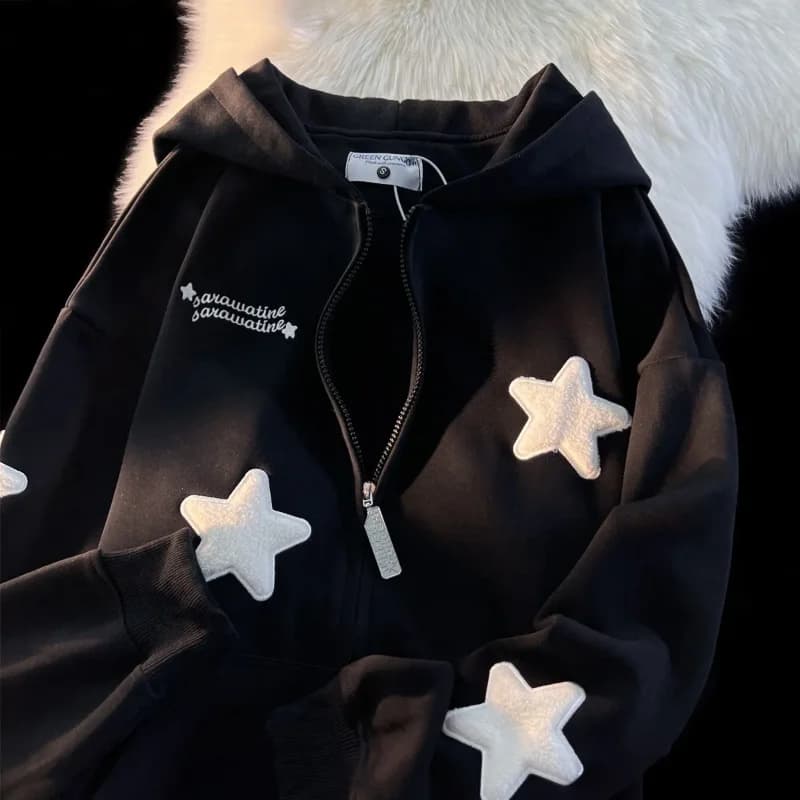 American Retro Star Patch Kapuzenpullover für Damen, dünne, lockere Design-Cardigan-Jacke