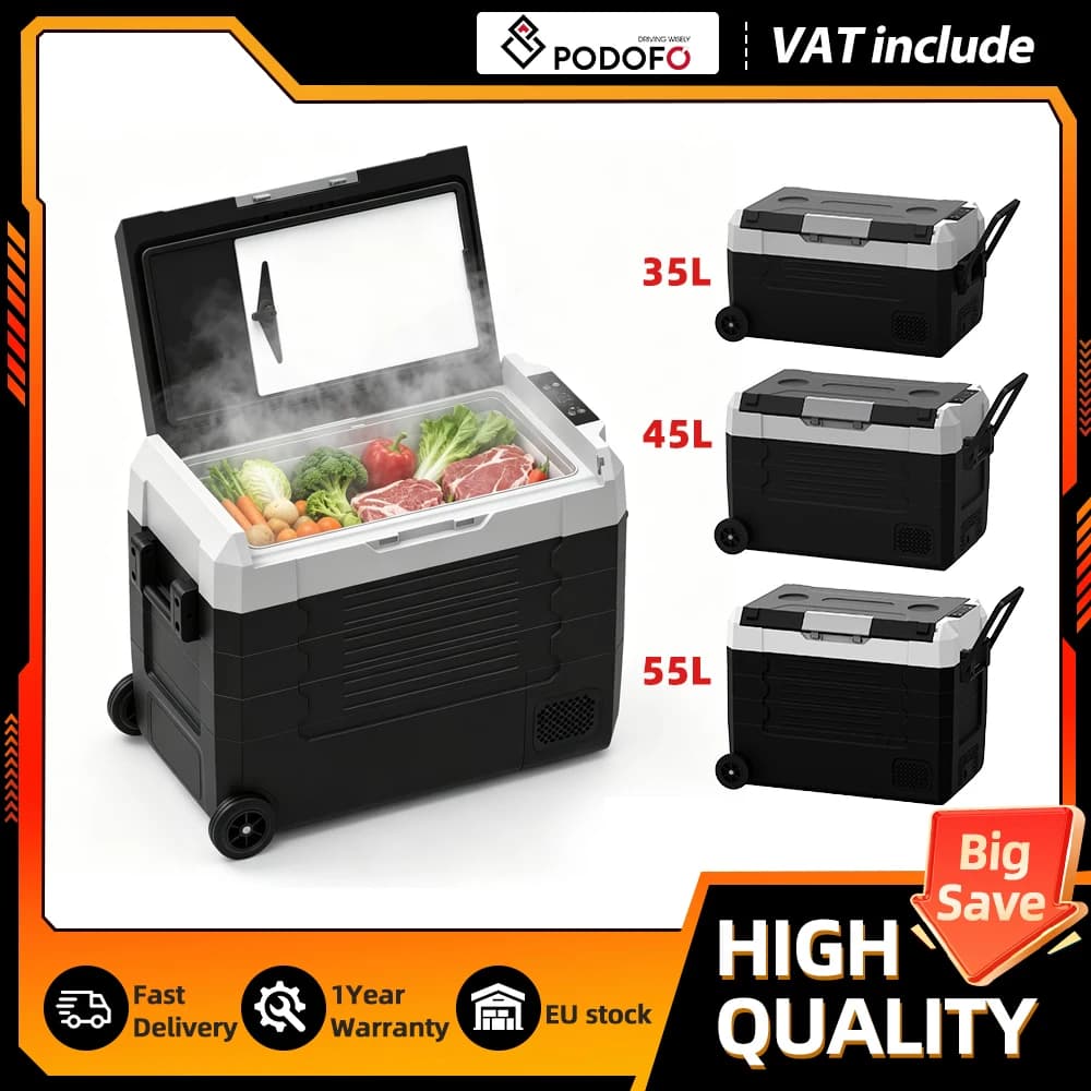 Podofo 35L 45L 55L Mini Tragbarer Kompressor-Autokühlschrank, Dual-Spannung 12V 24V DC 110 240V für Zuhause, Camping und Reisen