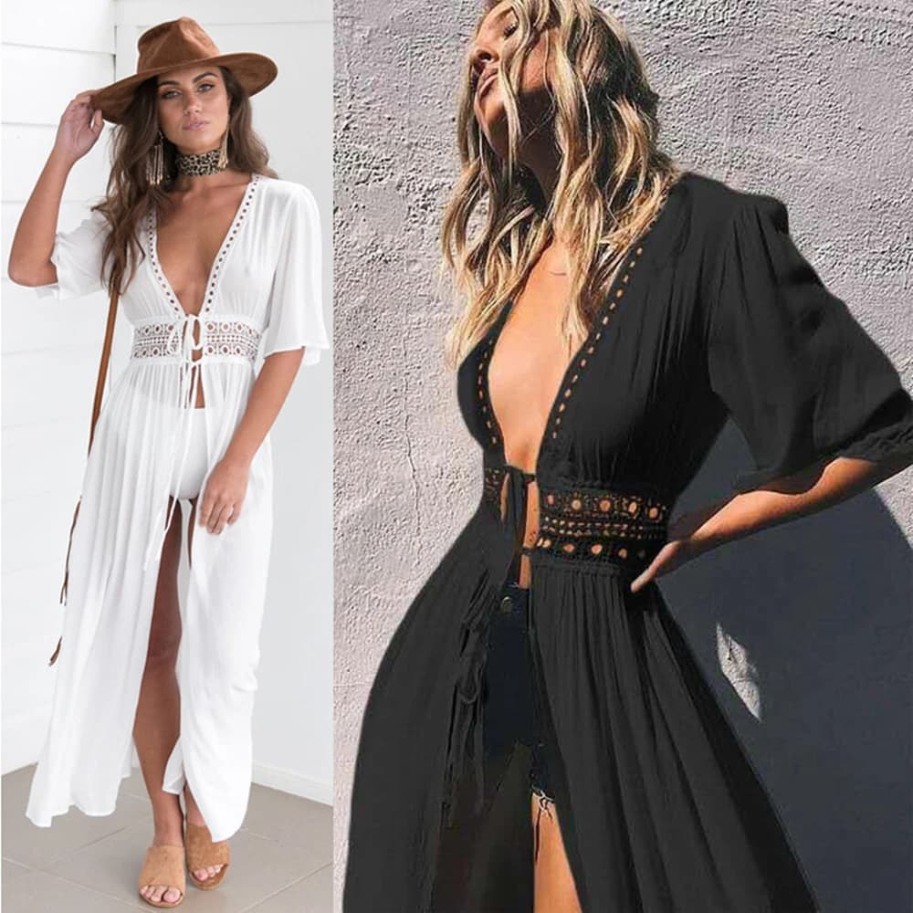 Damen Sommerkleid Lady Lace Boho Strand Badeanzug Bikini Cover Up Lace-Up Lange Bluse Hollow Out Sonnenschutz Strickjacke Schal