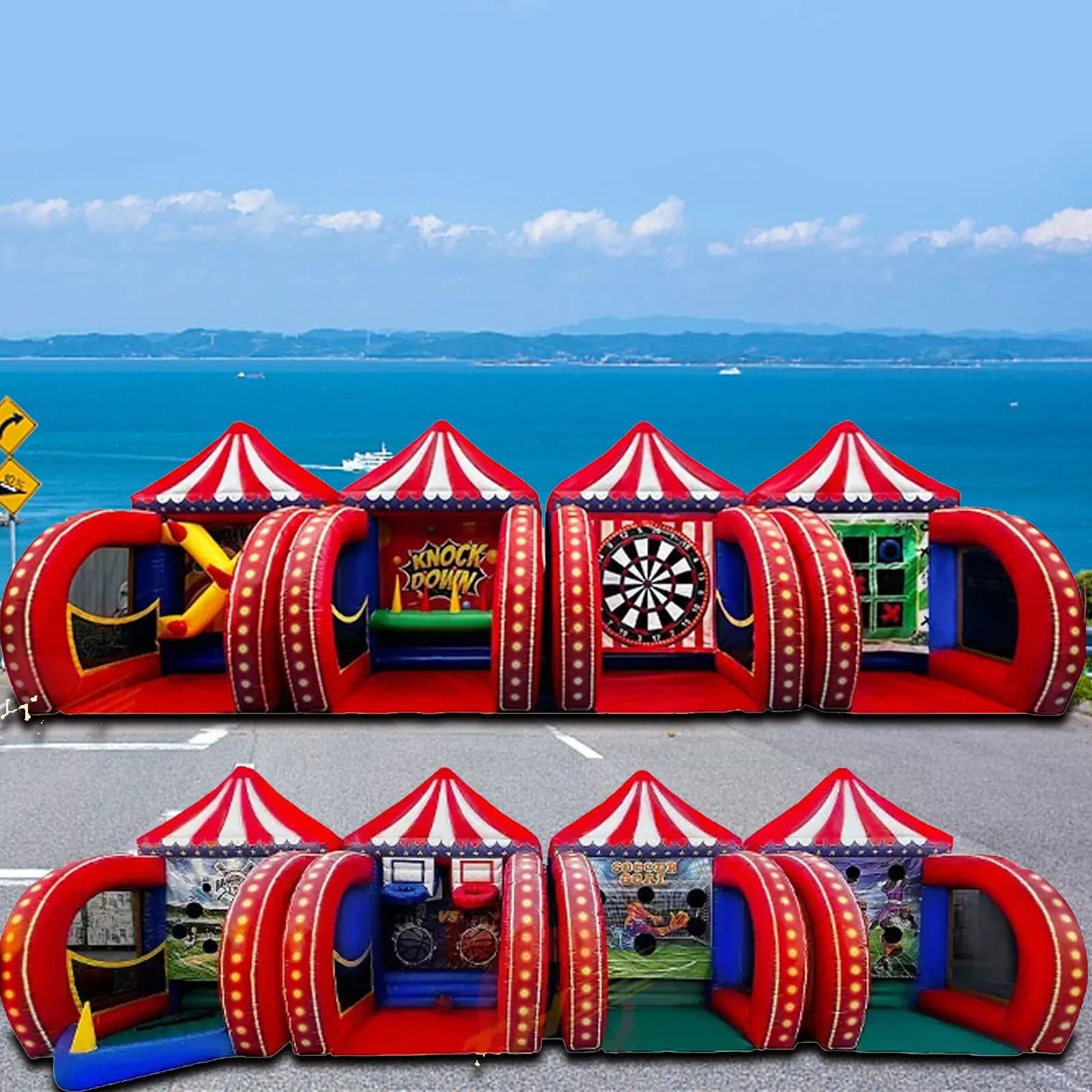 5-in-1 aufblasbares Karnevalsbündel, Spiel, Sportspiele, Fußball, Dart, Knock Down, Basketballkorb, Ring, Ross-Spiel für Erwachsene, Kinder, Party