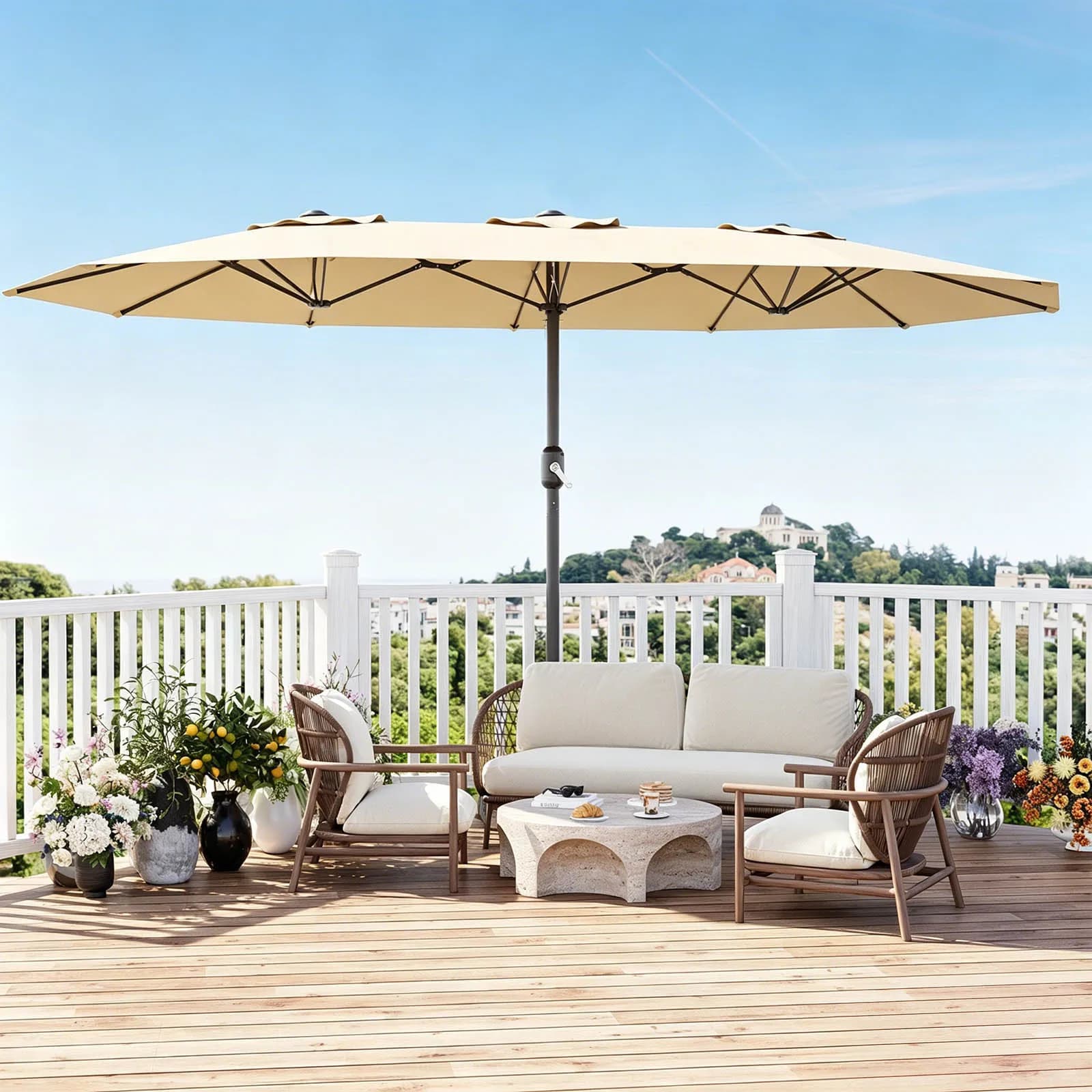 HiMiss 15x9FT Großer rechteckiger Terrassenschirm mit Kurbelhebung, Sonnenschutz für Markt, Poolbereich, Terrasse, Balkon, ohne Standfuß