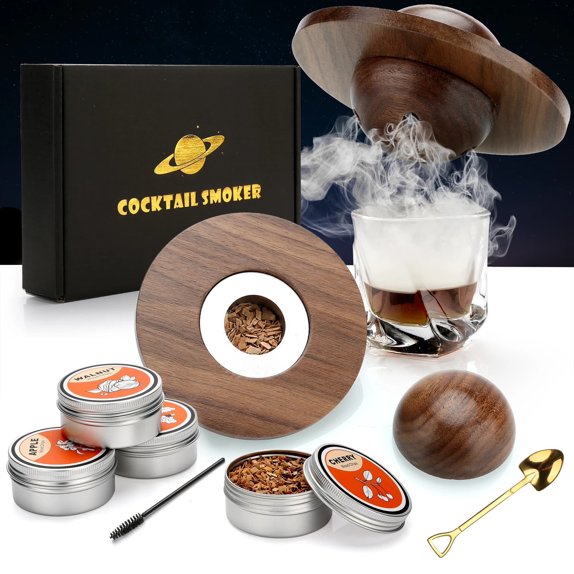 Räucher-Set mit Glasplatte, Cocktail-Räucher-Set mit 4 Holzspäne, Barkeeper-Zubehör für Whisky-Getränke, Raucher-Geschenkset für Männer
