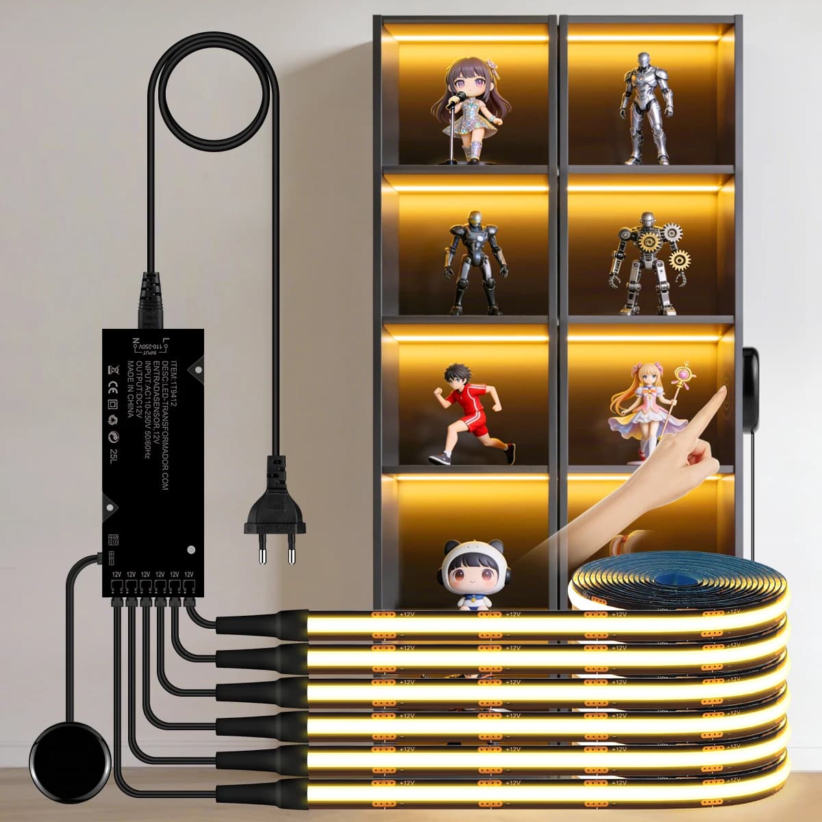 Holz-Dimmbare Touch-Sensor-Unterbauleuchte für Vitrinen, COB LED-Streifenlicht, schwarze PCB, TV-Hintergrundbeleuchtung, Gitter-Wandpaneel-Dekoration