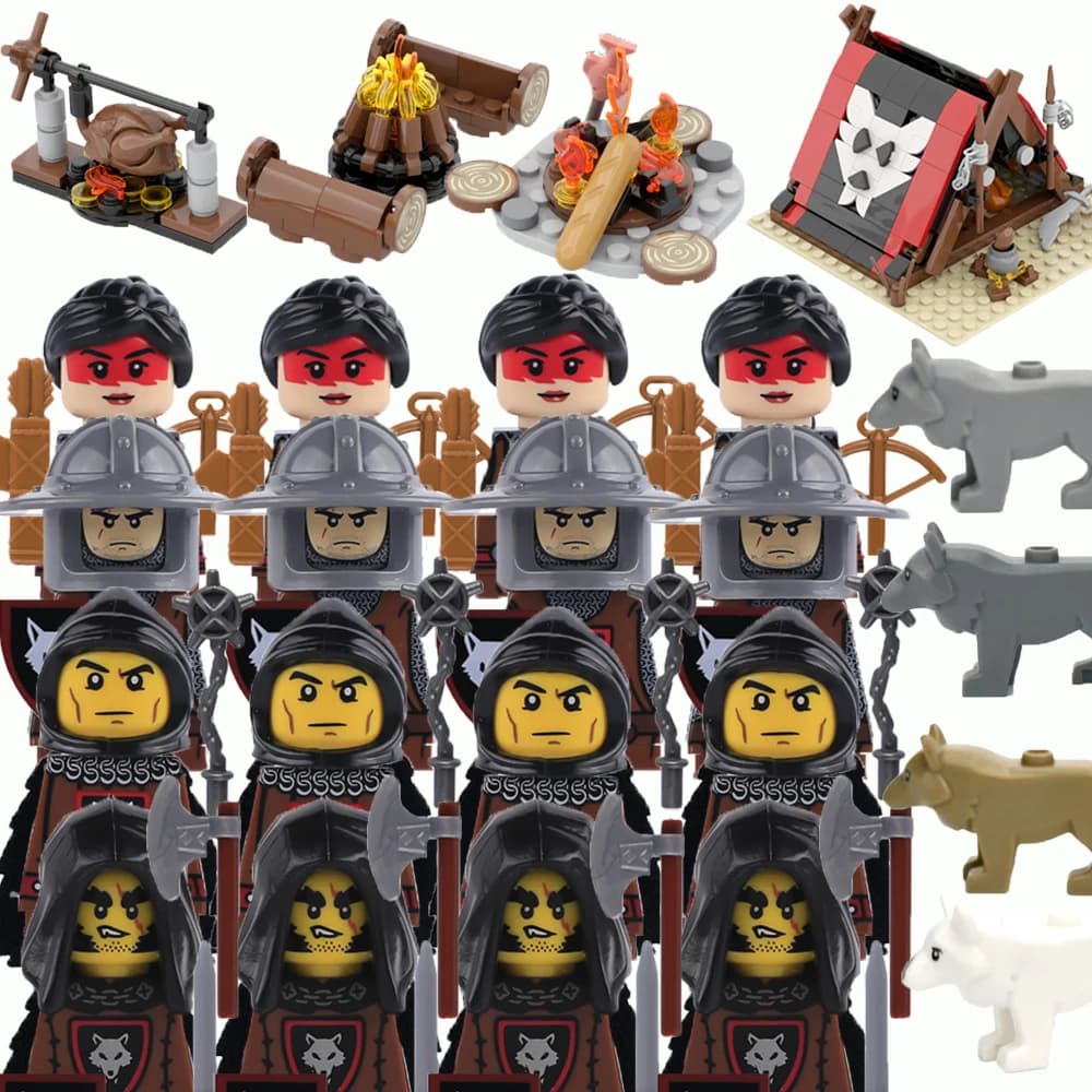 Wolf Knight Warrior Bausteine – Mittelalterliches Burg-Pferdesoldaten-Spielzeug mit Schwert, Axt, Bogen, Schild und Umhang für Jungen