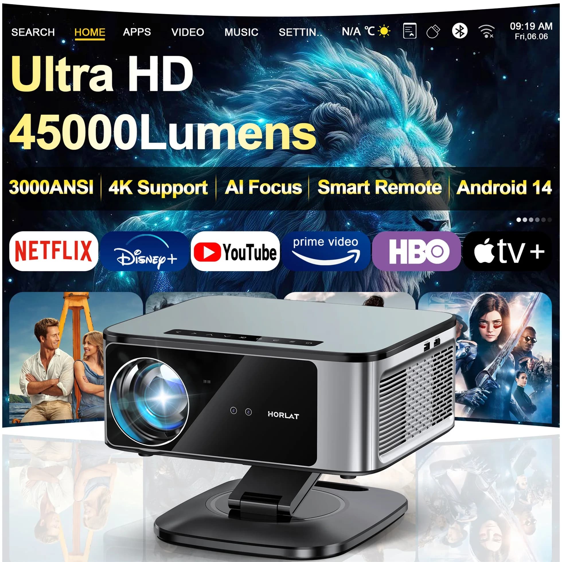 2026 HORLAT 45000 Lumen 4K Ultra HD Projektor TOF Fokus Android 14 WiFi 6 1080P Full HD Tageslicht Heimkino Filmprojektor
