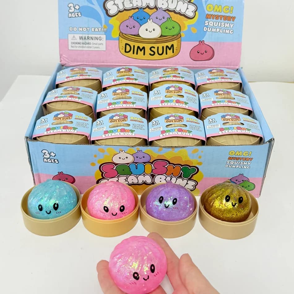 Glitzer-Dumpling-Squishy mit Box – Sensorischer Dampfkugel-Druckentlastungs-Fidget-Spielzeug aus weichem TPR-Teig für Stressabbau und als Geschenk