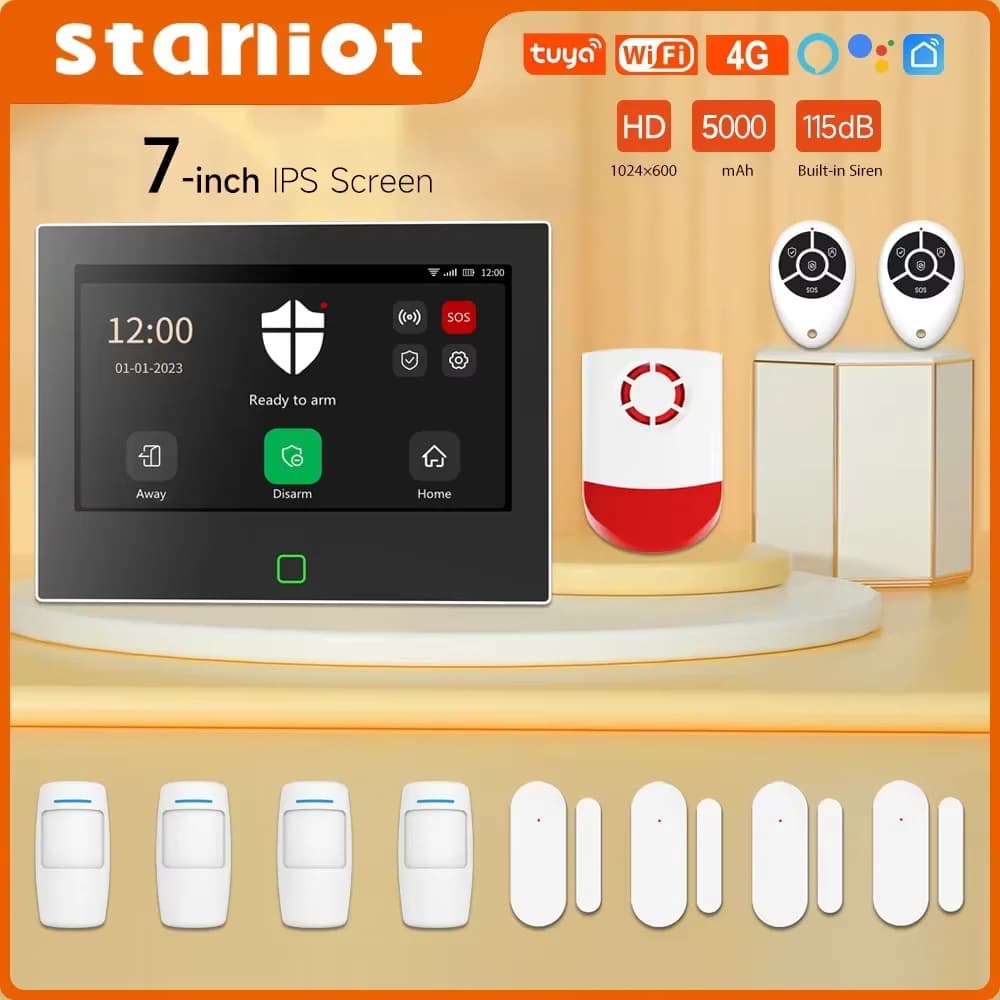 Staniot 7 Zoll Heimalarmsystem Drahtloses WiFi 4G Tuya Smart Security Protection Kit Eingebaute 115dB lautere Sirene 5000mAh Akku