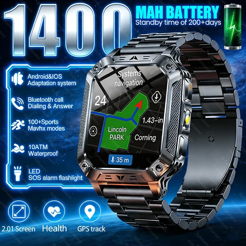 2026 Neue Smartwatch mit 1400mAh Akku, GPS-Tracking, Bluetooth-Anruffunktion, 10ATM Wasserdicht, für Schwimmen, Sport, Laufen, Wandern, Outdoor und