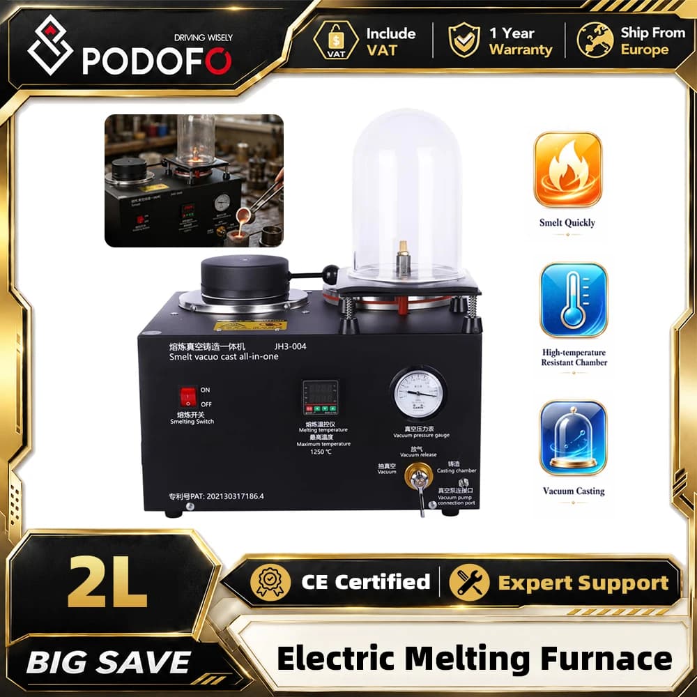 Podofo 2L 2KG Vakuum-Gießofen 3CFM 1/2PS Schmuck-Punktschweißgerät mit Digitalanzeige Schmuckherstellungsausrüstung 1150 ° C Hochtemperatur-Gold-