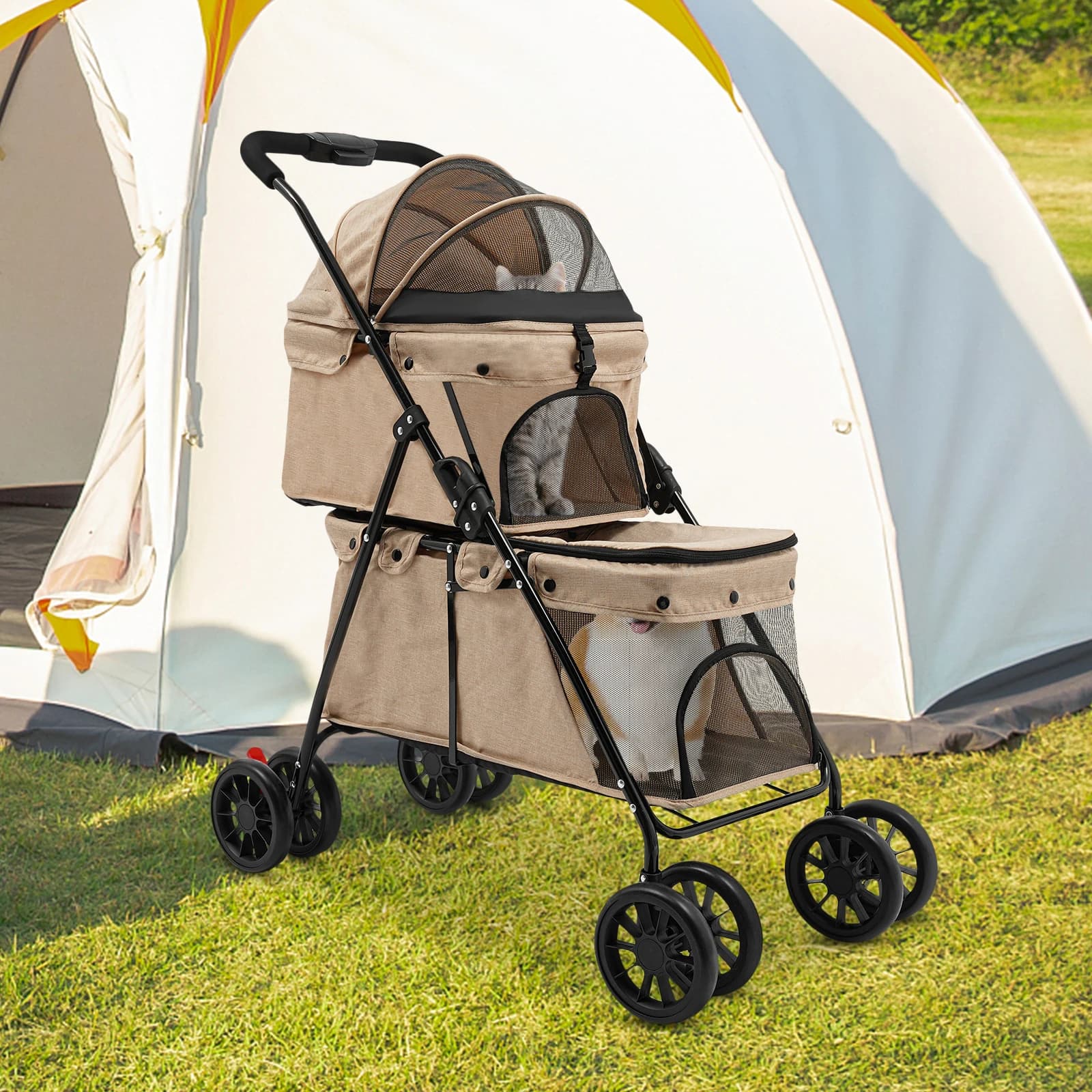 Schlanker, leichter, zusammenklappbarer Haustier-Kinderwagen mit 4 Rädern und Bremsen, 2-lagiges, langlebiges Design für kleine, mittelgroße Hunde,