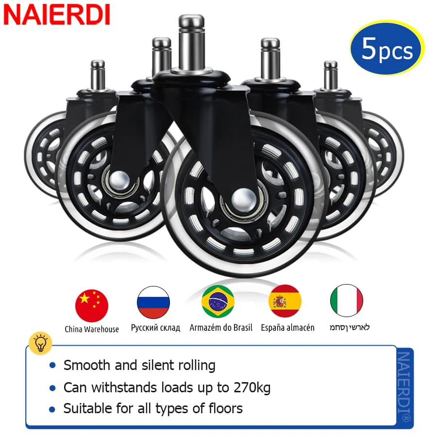 NAIERDI 5 Stück Universal-Räder für Bürostuhl, Stummrollen, 360-Grad-Schwenkrollen, 50 kg Last, Ersatz-Hardware, 10 mm/11 mm