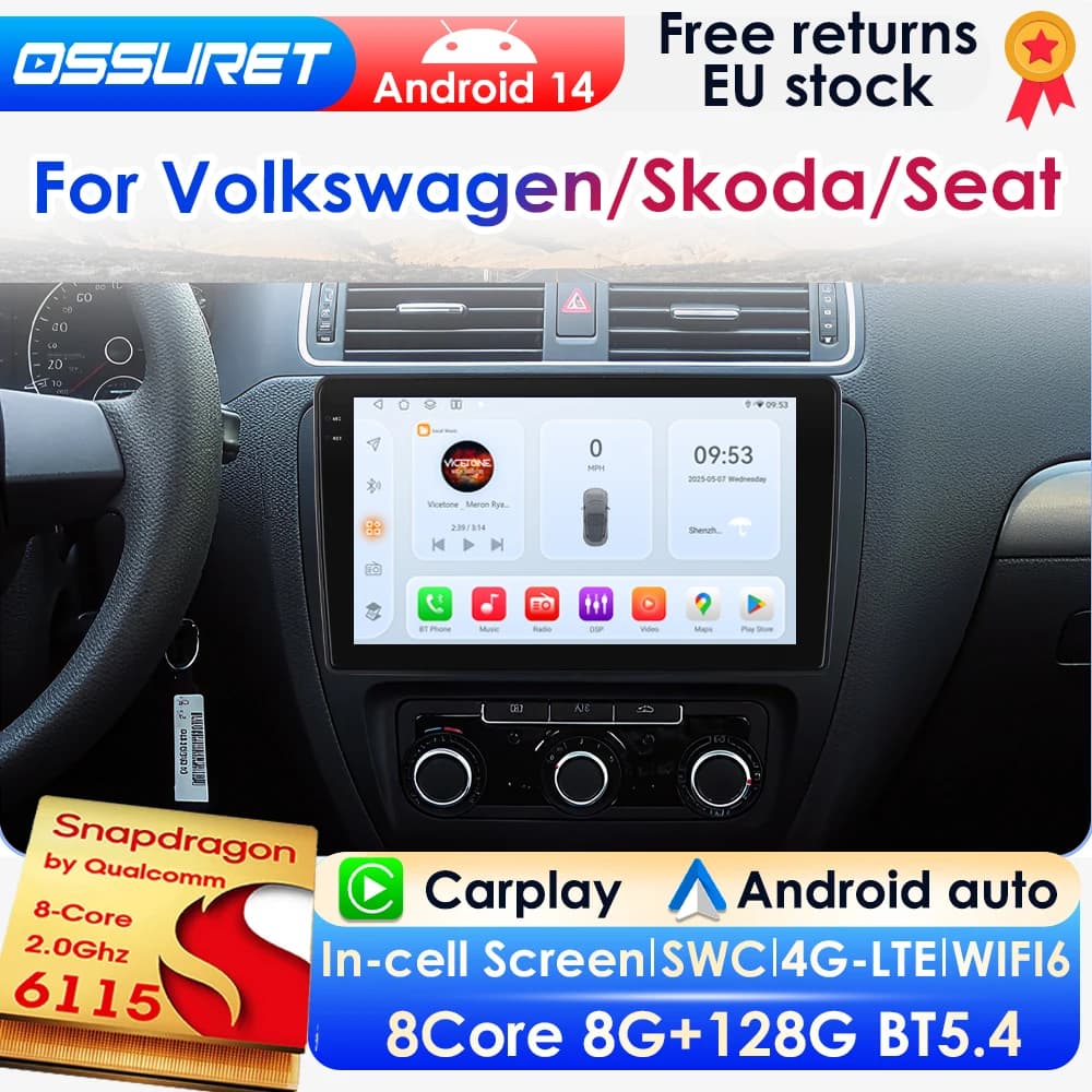 OSSURET AI Carplay Android 14 Autoradio für VW Golf 5 Passat B6 B7 Polo Tiguan Skoda Octavia Seat Leon 360Cam von Snapdragon 6115