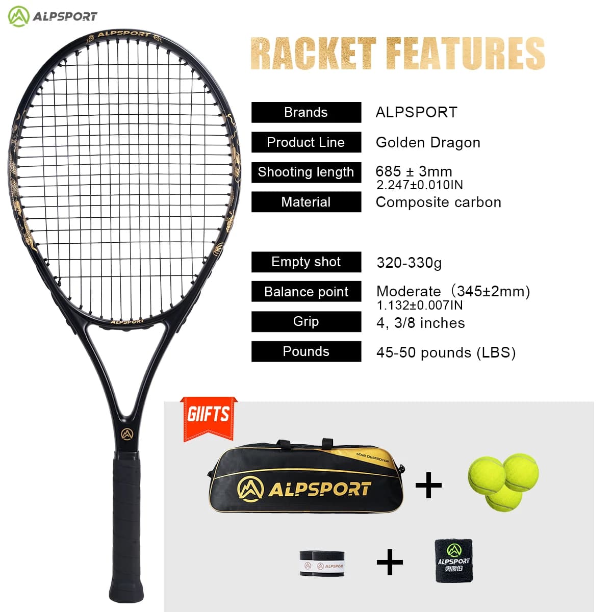 ALPSPORT T800 18K Carbonfaser-Tennisschläger Profi – Leicht (280g) mit Tasche & Verstellbarem Gurt für Damen/Herren, Versand in 24h DACH