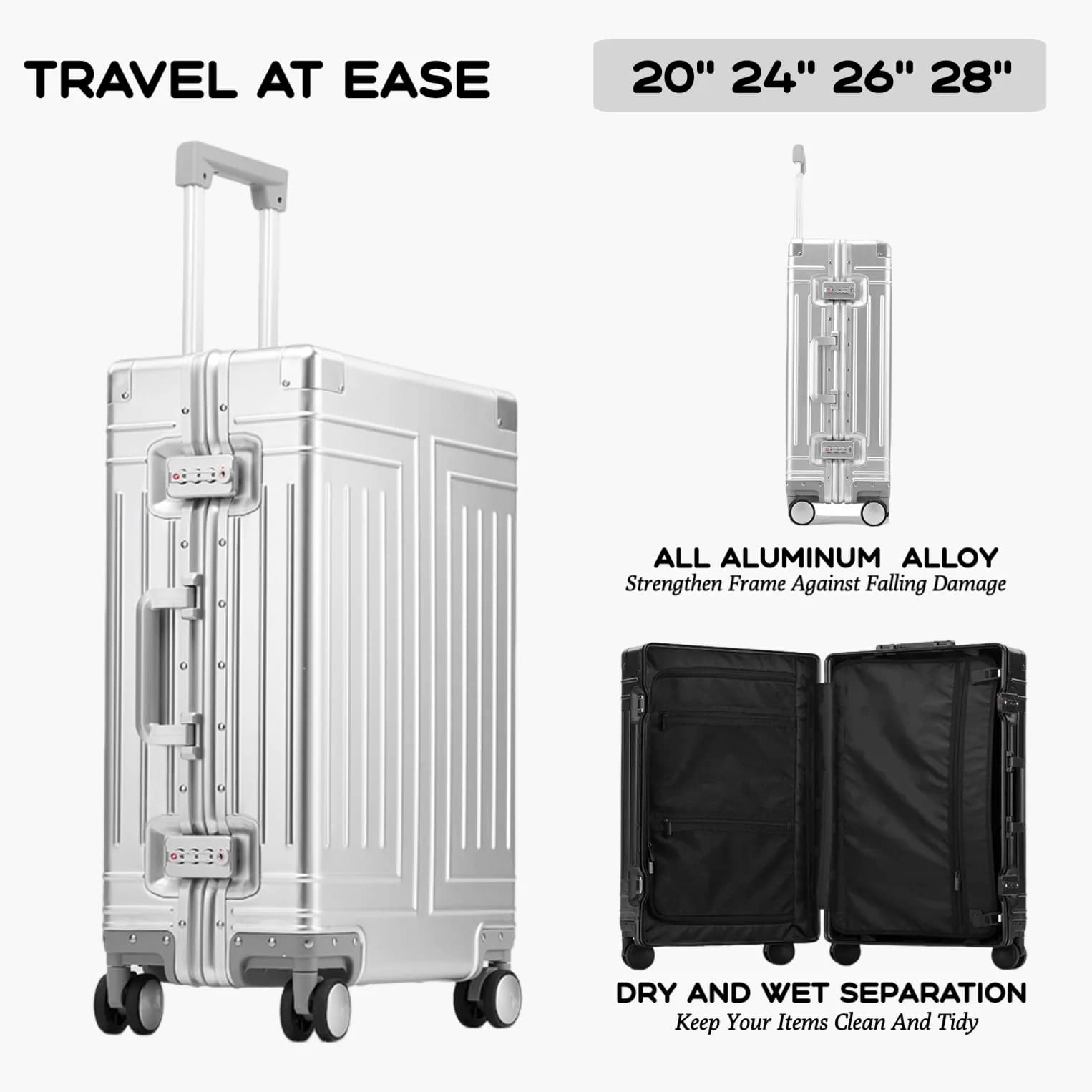 Langlebige Gepäcksets mit 2024 Kapazität, 100 % Aluminium, Kofferräder, Damen, Mädchen, Herren, Handgepäck, Boarding, Reisen, 20/24/26/28