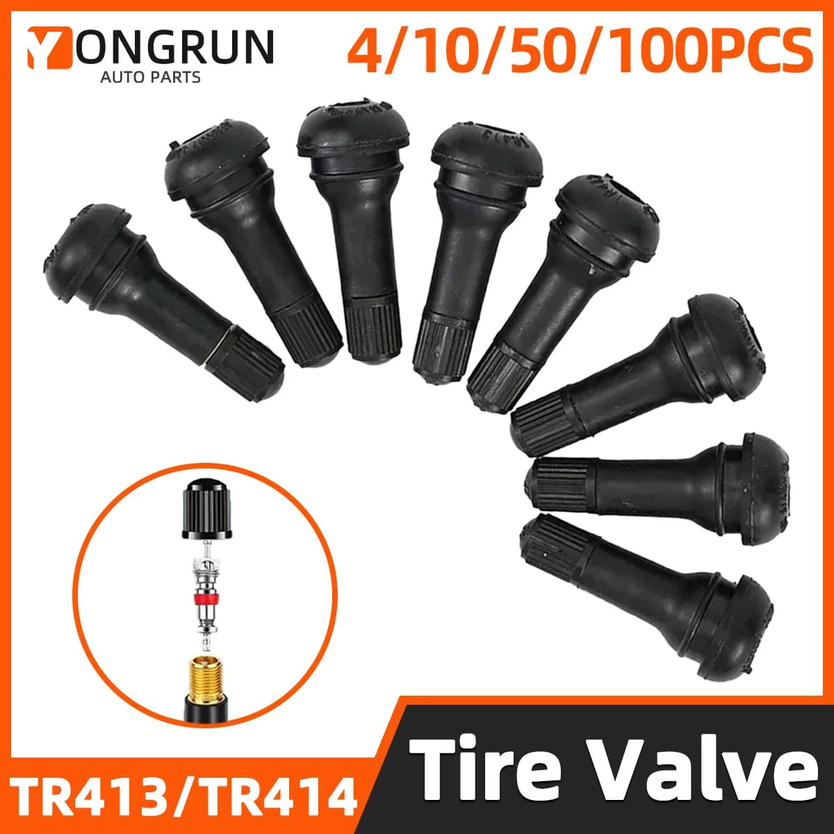 YONGRUN 4/10/50/100PCS Tubeless Reifen Ventil TR413/TR414 Automotive Vakuum Reifen Ventil Schwarz Gummi snap On Ventil Mit Staub Kappe