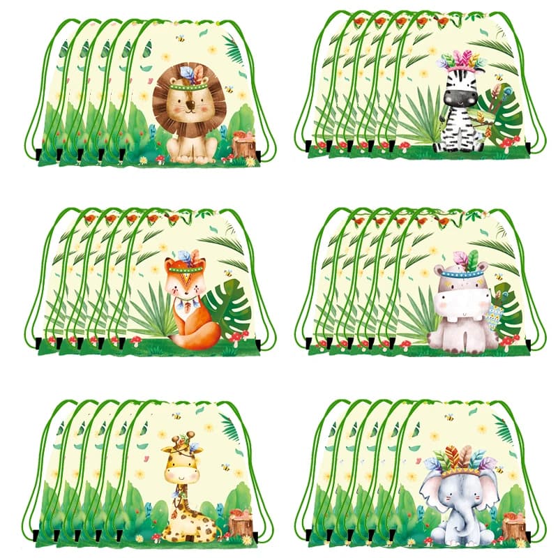 6/12//24/30 stücke Dschungel Tier Kordelzug Taschen Dschungel Wilde Tiere Party Gefälligkeiten Kinder Dschungel Tiere Geburtstag Party liefert