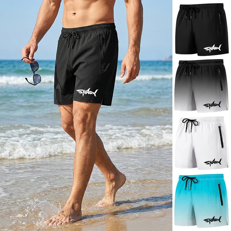 Herren-Boardshorts mit Hai-Grafik, sommerliche, lässige Strandshorts mit Netzfutter, Reißverschlusstaschen, schnell trocknende Badehose, Badeanzug