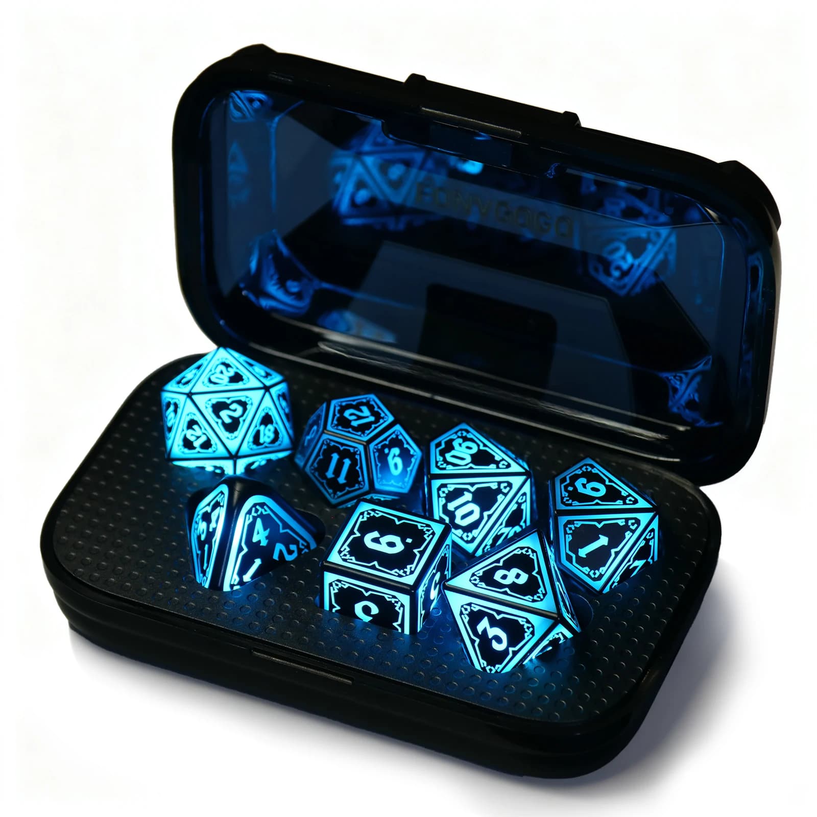 Leuchtendes DND-Würfelset, wiederaufladbar, blau, 7-teiliges LED-Würfel mit Ladebox, polyedrisches RPG-Würfelset für Rollenspiele, Tischspiel