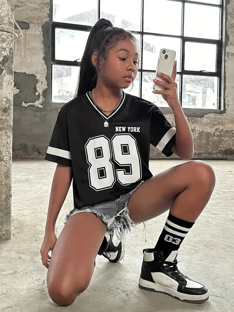 Mädchen Casual Sport Stil New York NO.89 Muster Farbblockdruck Kurzarm V-Ausschnitt Damen Kinder T-Shirt Tops