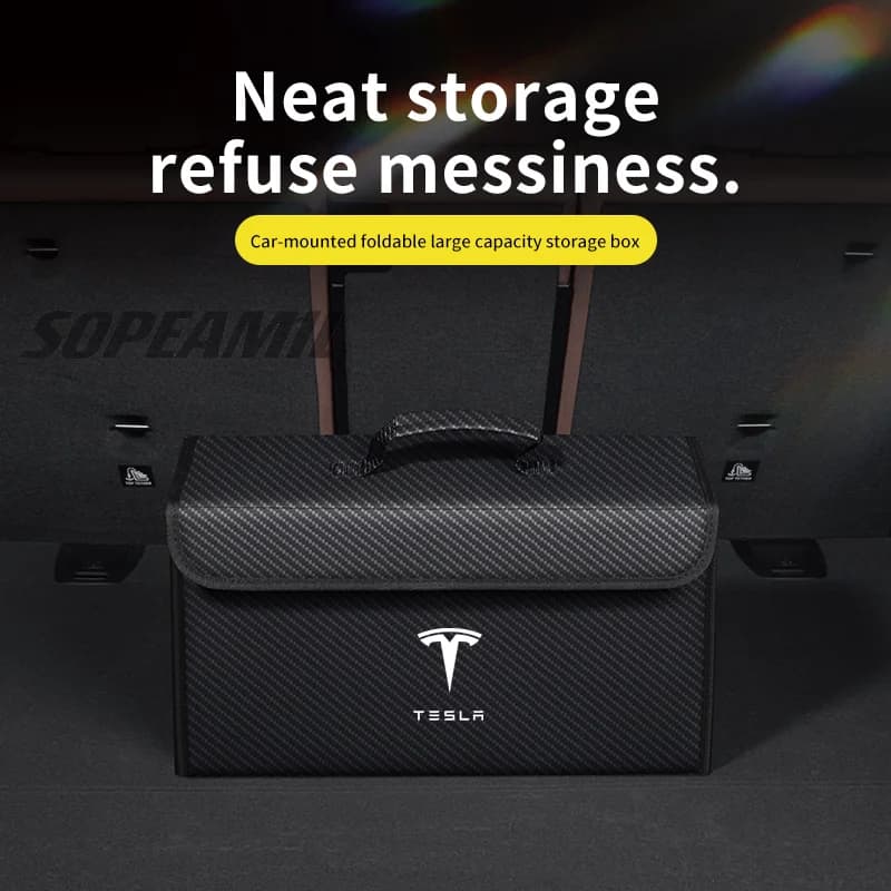 Auto-Aufbewahrungsbox aus Kohlefaser-Leder, große Kapazität, faltbar, zum Verstauen und Aufräumen, Tesla Model 3, Modell Y, Modell S, Modell X,