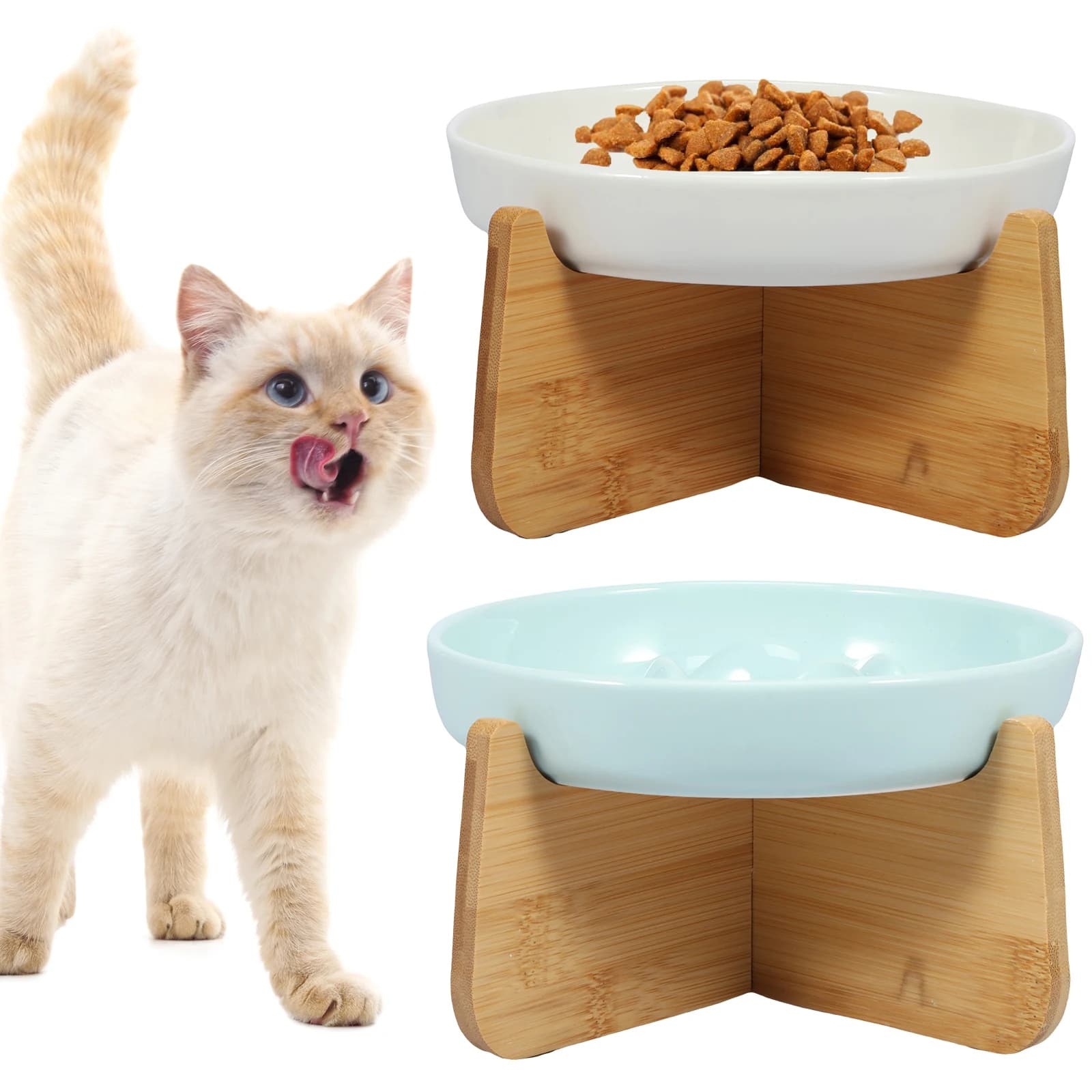 Erhöhter Katzennapf, erhöhte Katzennäpfe mit Holzständer, Keramik, langsamer Futternapf, Katzenfutternapf, Anti-Erbrechen, Katzenfutternapf,