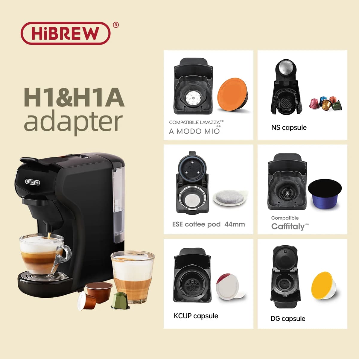 Hibrew h1a kaffee maschine kapsel adapters ystem teile für lavazza blau oder lavazza modo mio oder ese pod(44mm) oder caff italy