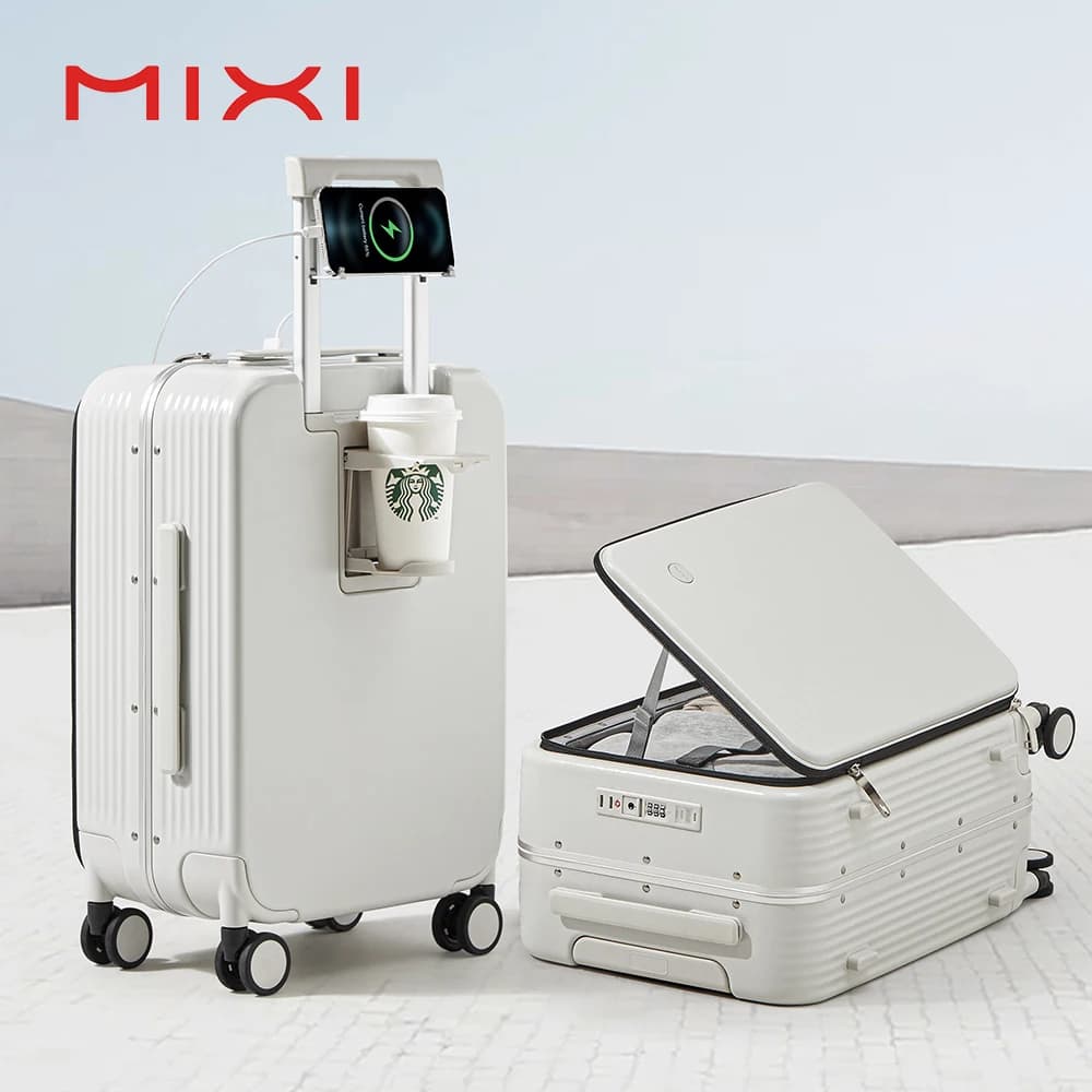 Mixi Neuer Koffer mit Aluminiumrahmen, Handgepäck, mit USB-Anschluss, Boarding-Kabinenbecher und Telefonhalter, 20–24 Zoll