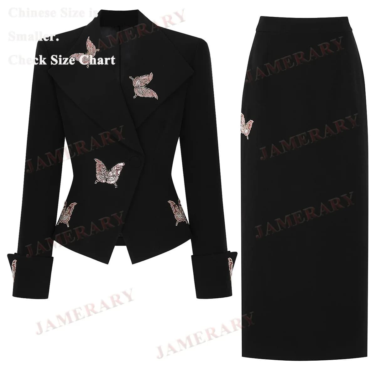 Qualität Frühling Herbst Lange Kleider Zwei Stück Set Frauen Schmetterling Stickerei Schwarz Blazer Mantel Röcke Anzüge Breite Bein Hosen