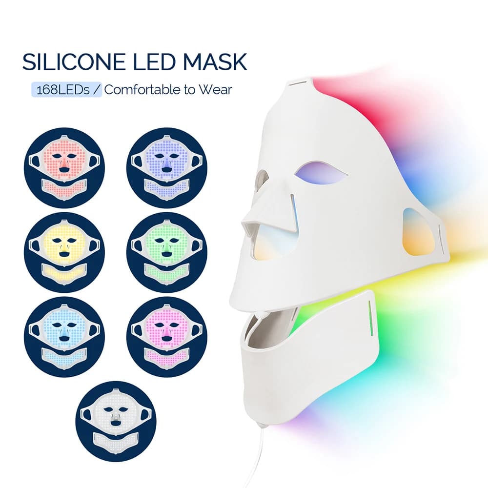 Foreverlily Silikon-LED-Maske für Gesicht und Hals, 7 Farben, LED-Licht, Photonentherapie, 3D, flexible Gesichtsschönheitsmaske, Haut aufhellen,
