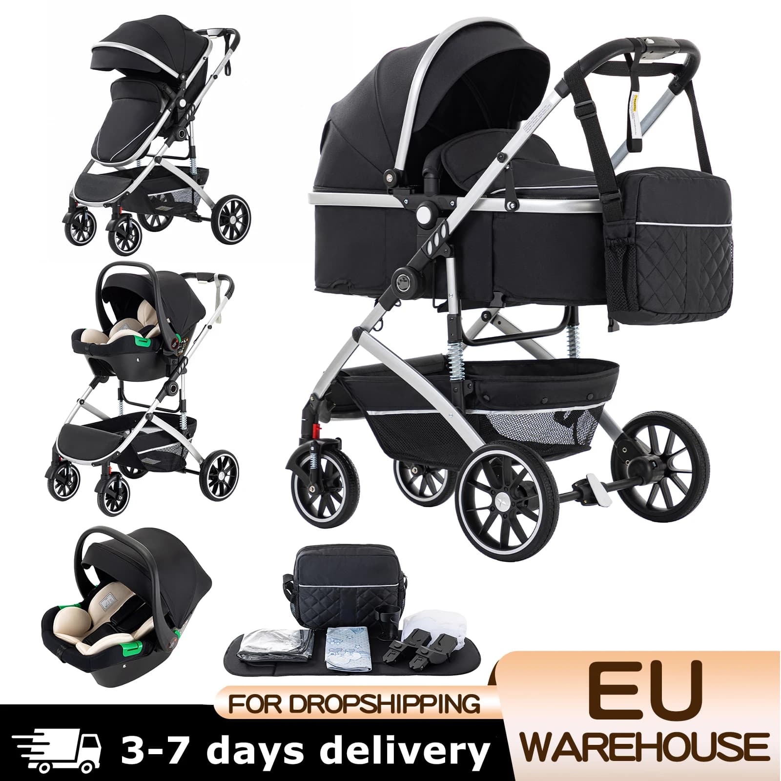 Kinderwagen, hohe Landschaftskinderwagen, 3-in-1, Kinderwagen, Babywagen, Kinderwagen, 3-in-1, mehrere Kinderwagenwiege für Neugeborene