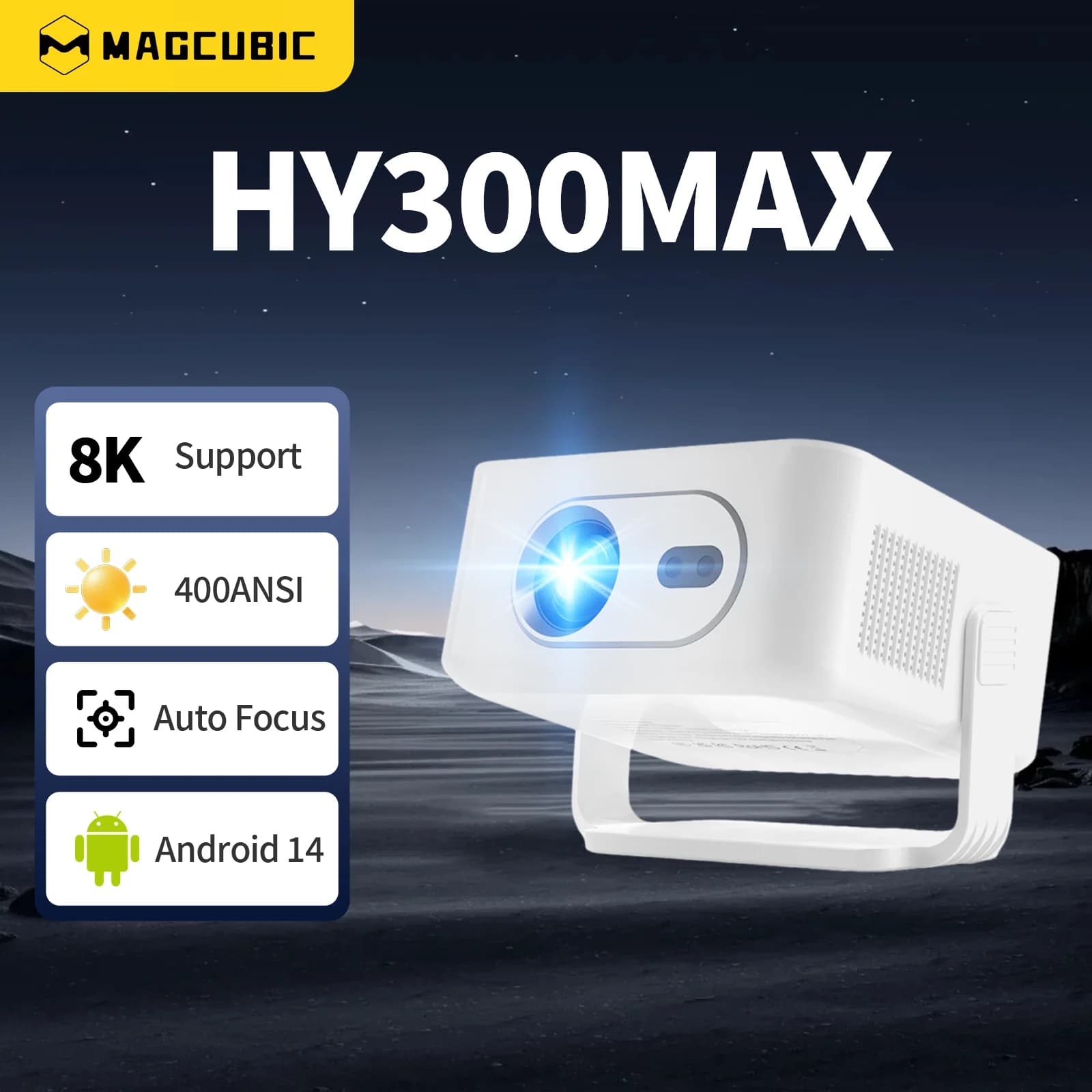 HY300Max Automatischer Fokus Android 14 Magcubic Projektor, 400ANSI WiFi 6 Tragbarer Projektor, Super HD Outdoor Heimkino