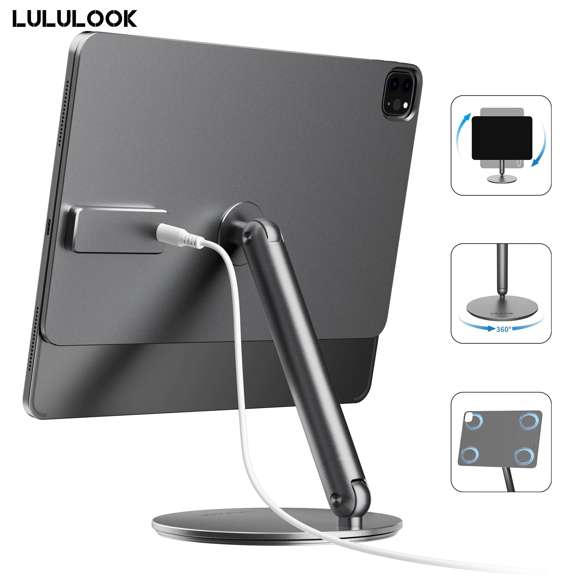 LULULOOK faltbarer magnetischer kabelloser Ladeständer für iPad Pro M5 M4 13/11/12,9 iPad Air 13/11/iPad Air 5/4th 360 rotierender Halt