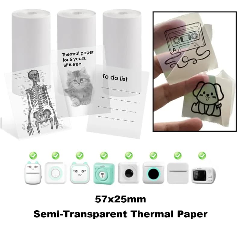 Transparentes selbstklebendes Thermopapier, glänzendes Thermodruckerpapier für tragbare Drucker, 57 mm x 25 mm, für die meisten Taschendrucker