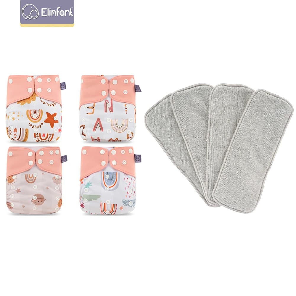 Elinfant 4 Windeln mit 4 Saugfähigen, graues Netzgewebe, Einheitsgröße für Babys von 3–15 kg, waschbare, umweltfreundliche Baby-Stoffwindel