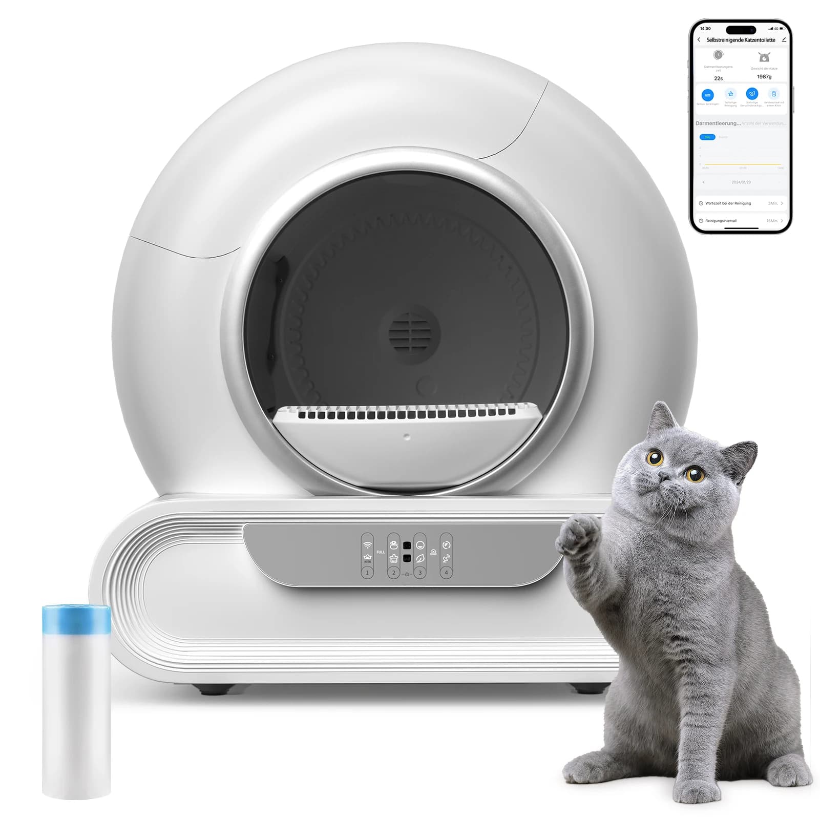 Smarte Selbstreinigende Katzentoilette 65L Groß mit WLAN-App-Steuerung und Automatischer Abfallentsorgung für Tofu- und Ton-Mischstreu mit Matten