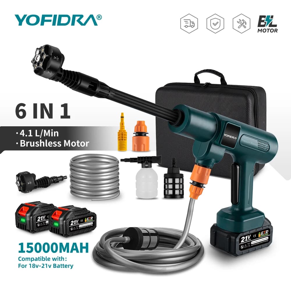 YOFIDRA 200Bar Bürstenlose Elektrische Hochdruck Wasser Spritzpistole 3500W 6IN1 Auto Sauber Waschmaschine Garten Werkzeug Für makita Batterie Pin
