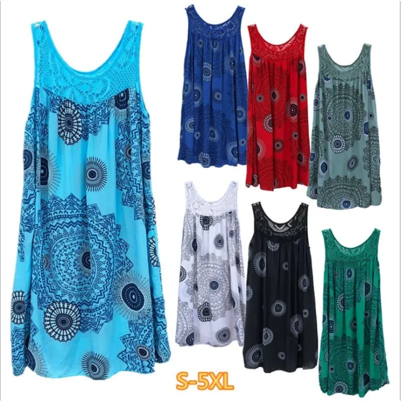 Damenbekleidung, Sommer, ärmelloses Leibchenkleid, Spitzendruck, ärmellos, große Schaukel, lockeres sexy Kleid, langer Rock, Übergröße