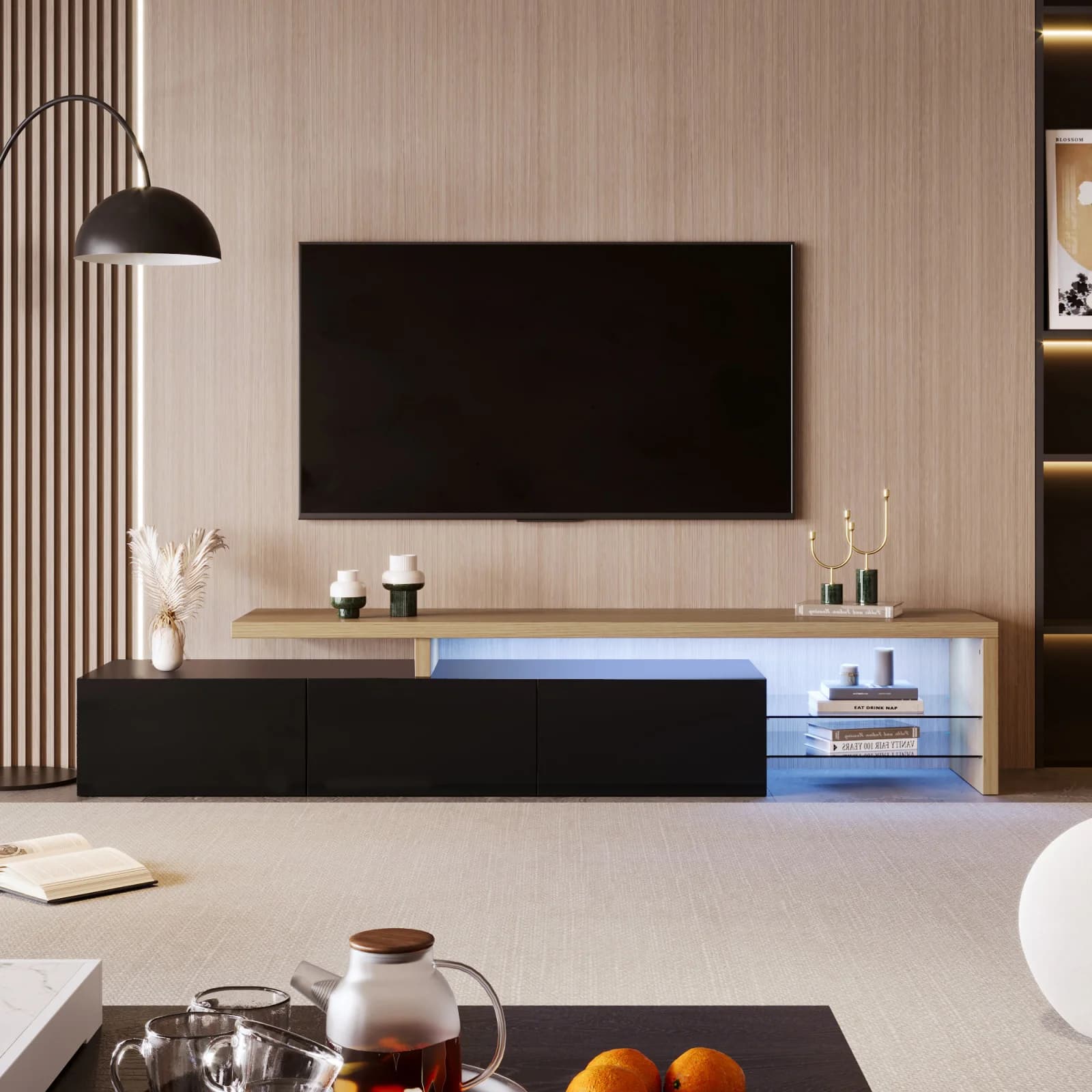 Rosahqnda Moderner TV-Schrank für Wohnzimmer, Holz-TV-Lowboard, Sideboard, mit LED-Beleuchtung, 2 Glasabtrennungen, 3 Schränke, Weiß/Schwarz