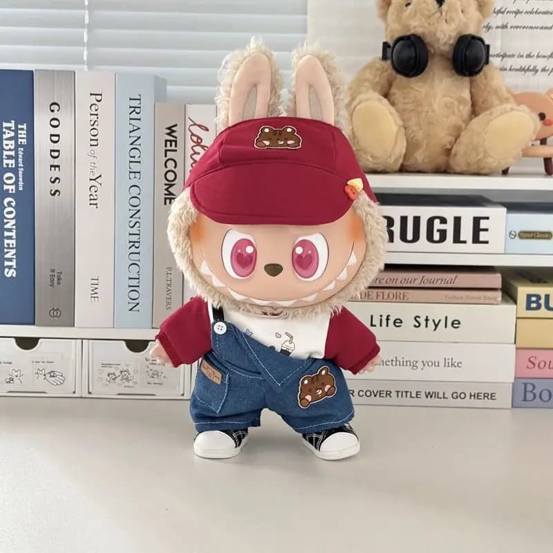 Für Puppenkleidung geeignet 38 cm Stehposition Labubu trägt Overall-Set niedliches Cartoon-kreatives Design ohne Schuhe und Puppe