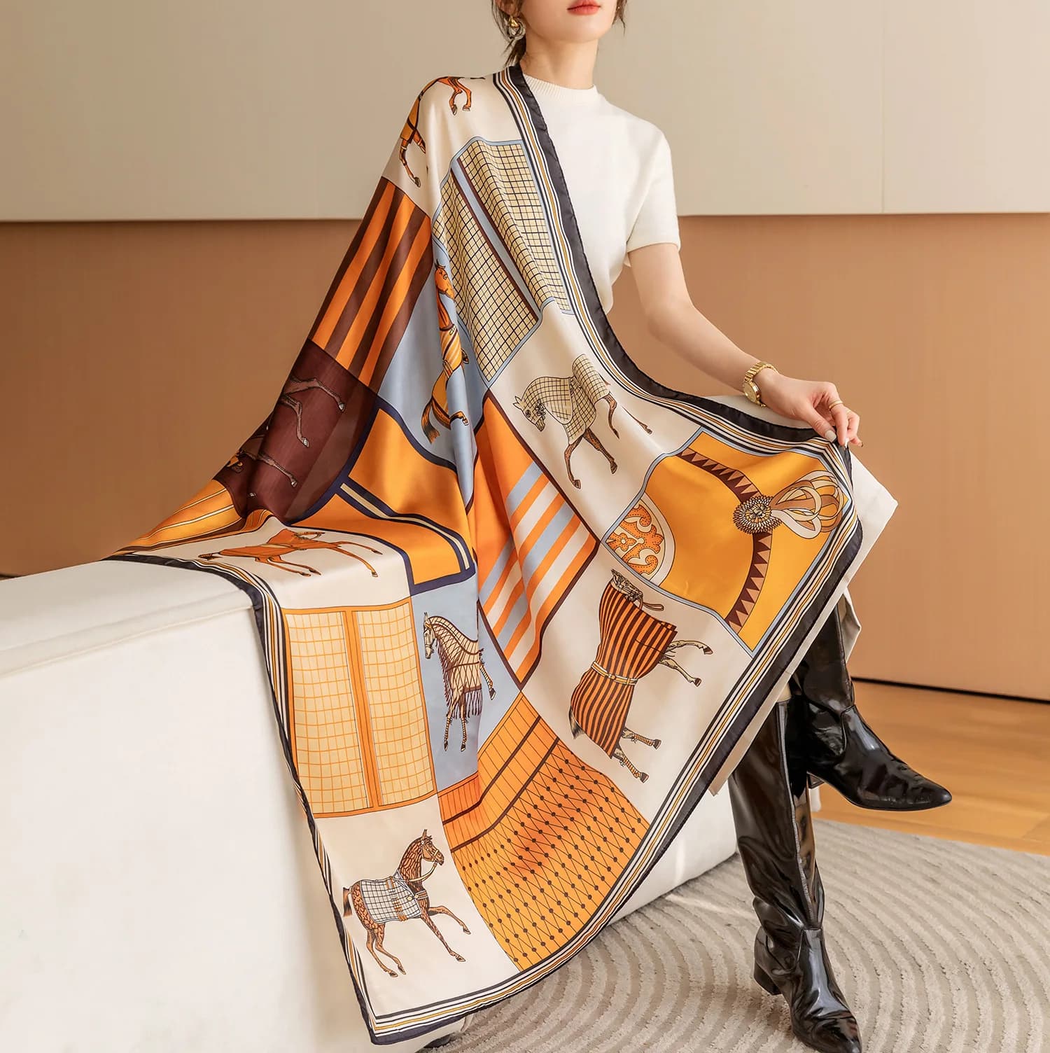 Luxus Pferd Druck Quadrat Schal Vintage Imitation Seide Schal Schal Frauen Winddicht Outdoor Kopf Wrap 110*110 cm