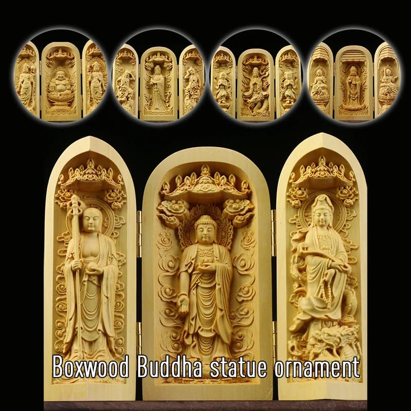 Tibet Buddhismus Buchsbaum Kwan-yin Shakyamuni GuanYin 3er Gott Buddha Statue Box Falten Buddha Statue Box Home Tempel Dekor Ornament