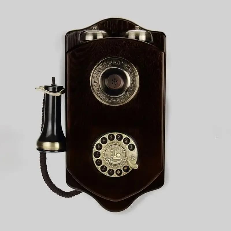 Vintage antikes schnurgebundenes Wandtelefon mit Drehzifferblatt, mechanischer Klingeltöne, Wahlwiederholung, dekoratives Holztelefon für die
