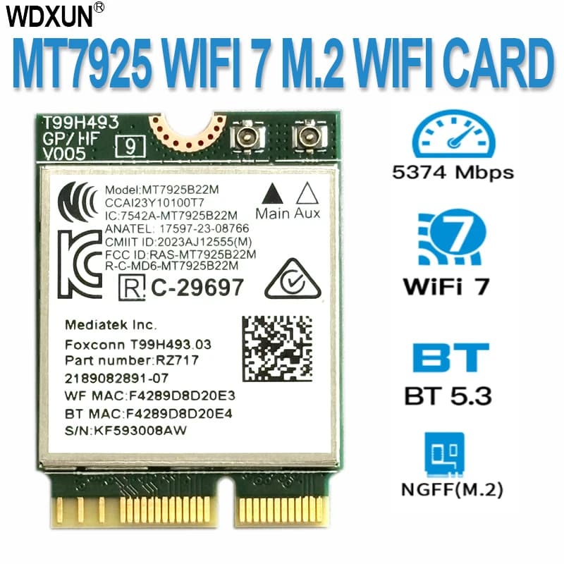 M2 MT7925 WiFi 7 LAN-Karte Bluetooth 5.3 Tri-Band 2.4/5/6GHz 5400Mbps M.2 NGFF Wireless-Adapter für Win11 / Linux WiFi 7
